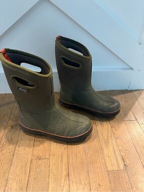 Bogs Kids Olive Green Rain & Snow Boots with Orange Trim